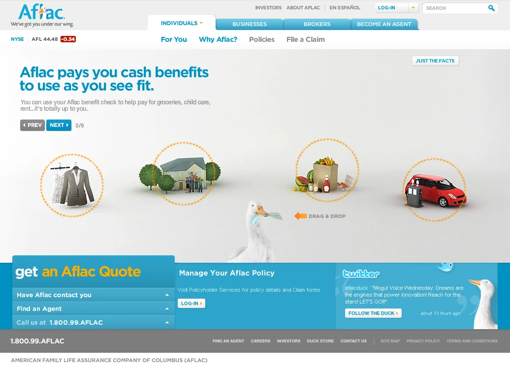 While the gist of all "Aflact" content remained the same, interactions and animations were pretty creative. Here, the user must steal a dollar bill from Aflac's duck and drop it onto an item for more information.