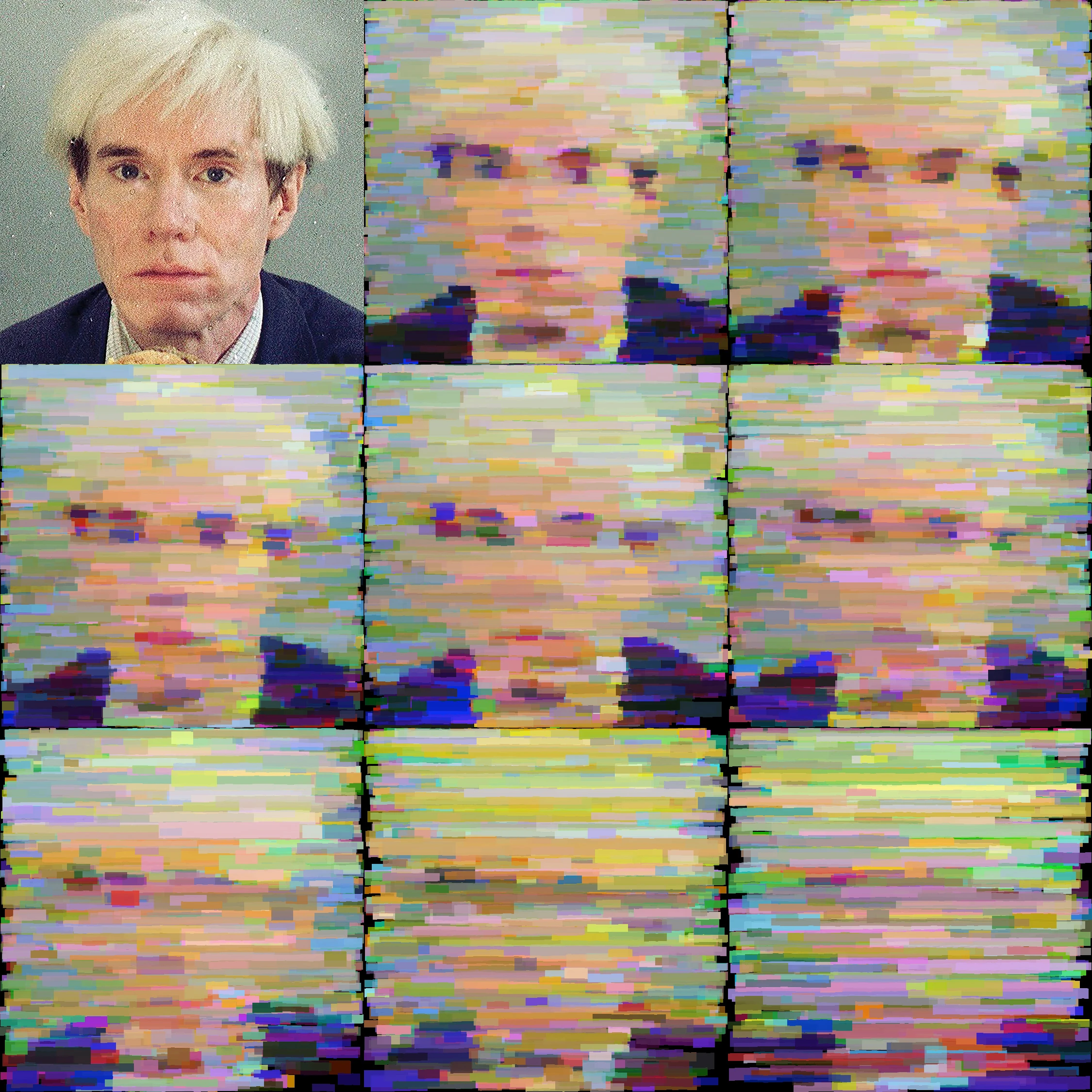 Variations of Andy Warhol; the top left shows the target image, and the rest are images with a decreasing number of generations.