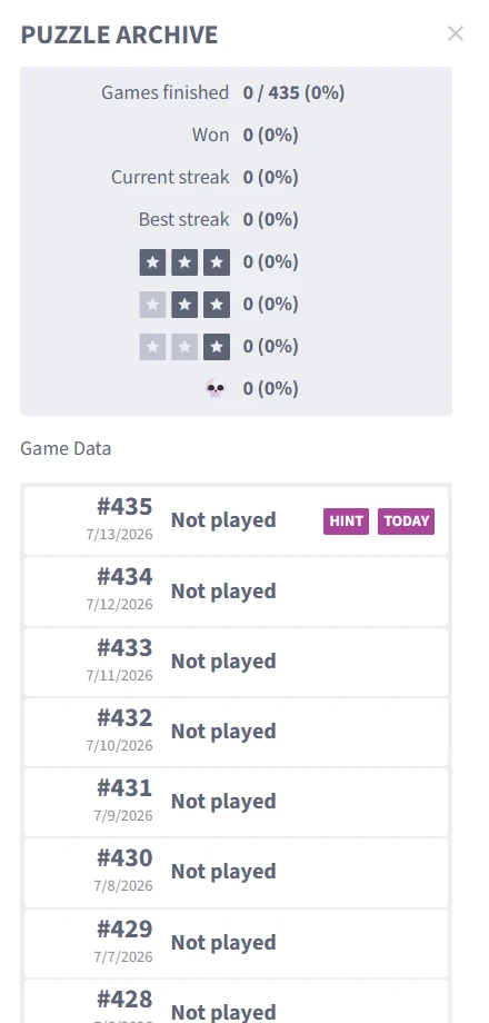 The archive tracks your history and streaks, and lets you replay any past puzzle.