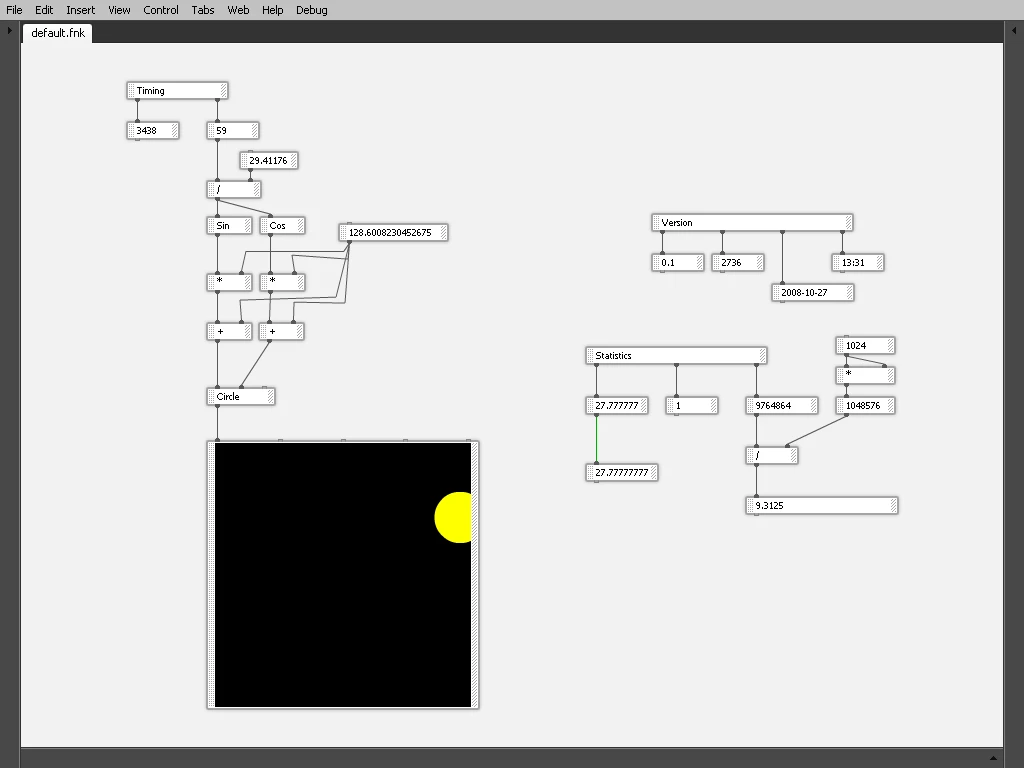 Build 2736. The real fun began once I added display nodes that could render content. Here I'm doing early testing of the Circle drawing node.
