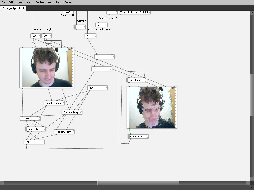 Build 3509. When I added the ability to read the camera input, things started becoming interesting. In this case, a display node creates random circles with fill colors coming from the camera input.