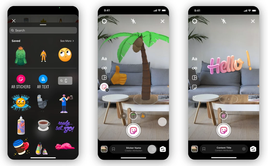 Three distinct surfaces created for the app: selection of objects (stickers), placing objects in the scene, and entering 3D text.