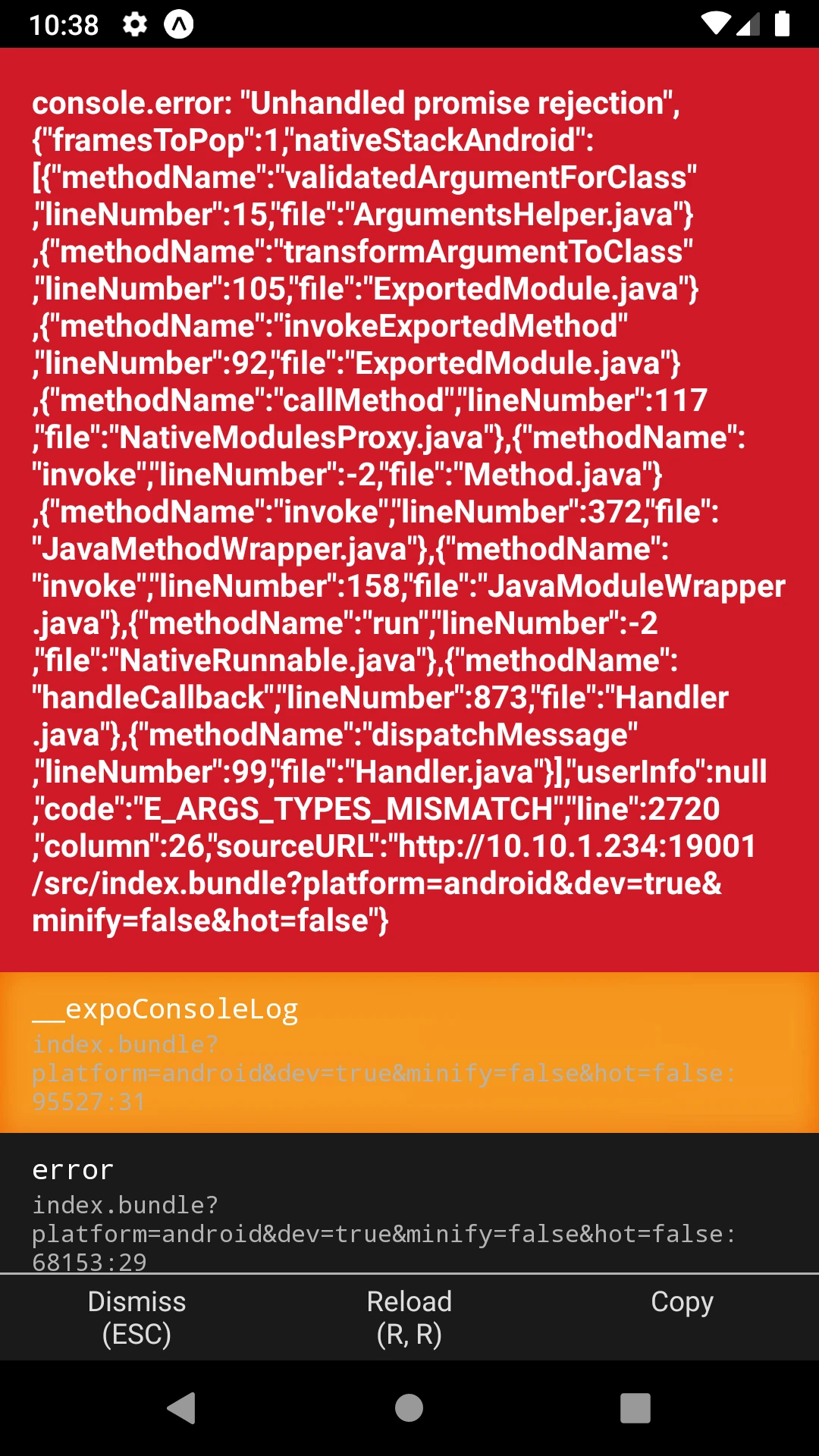 Build/bundle errors were unfortunately quite common given the amount of dependencies, so I got to see this screen quite frequently. I'm not a fan of Expo