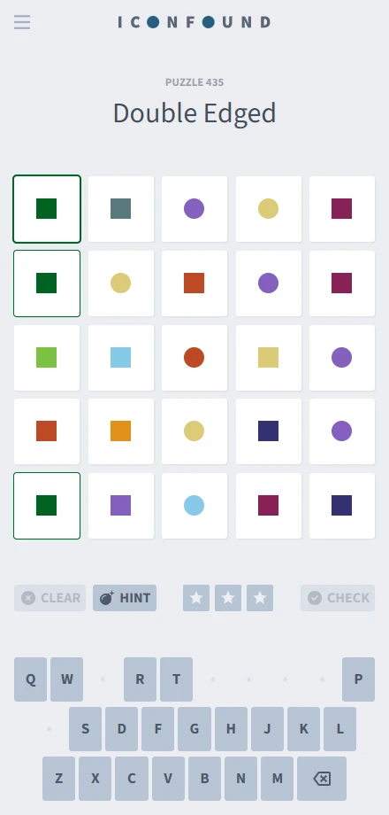 A daily puzzle: five encoded five-letter words around a shared theme, with squares for consonants, and circles for vowels, coded by color.