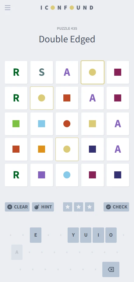 Selecting a symbol highlights every cell that shares it, with the on-screen keyboard adapting to the current cell (only consonants or vowel keys, depending on the case).