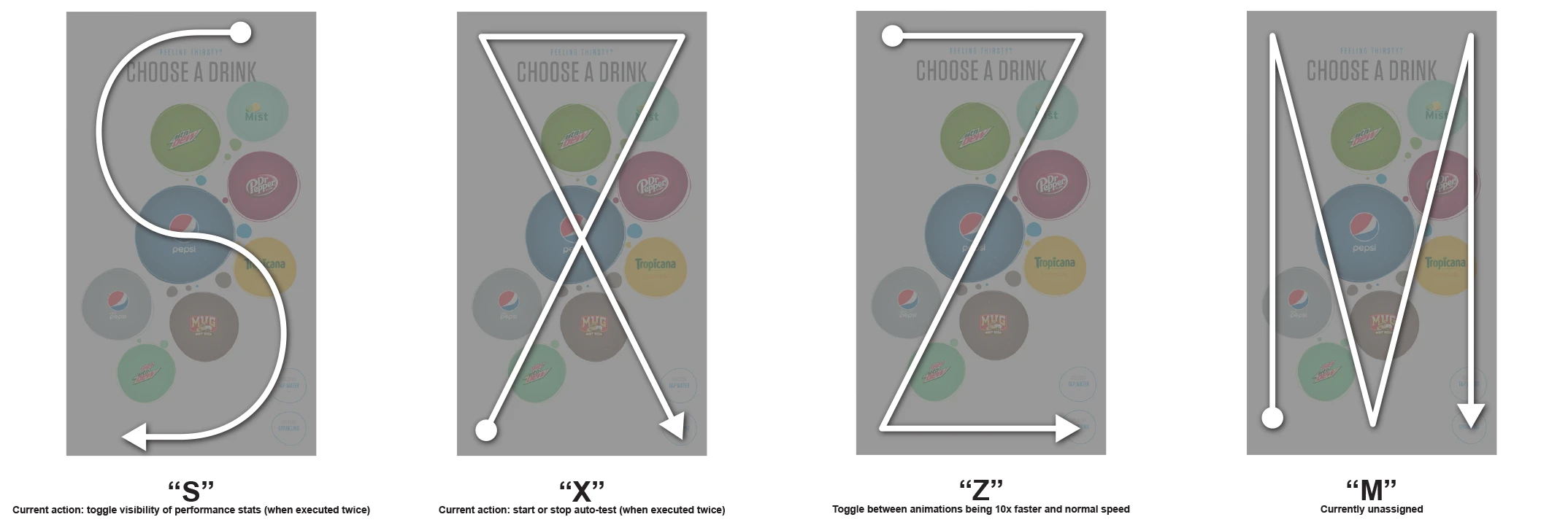 The interface included secret gestures that allowed one to toggle special debug and testing situations (the valid gestures are different in production machines, and is behind a password, so don't try it).