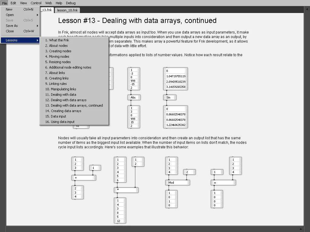 Fnk also included lesson patches teaching all concepts used in the language. Similarly to the node reference, these were fully editable.