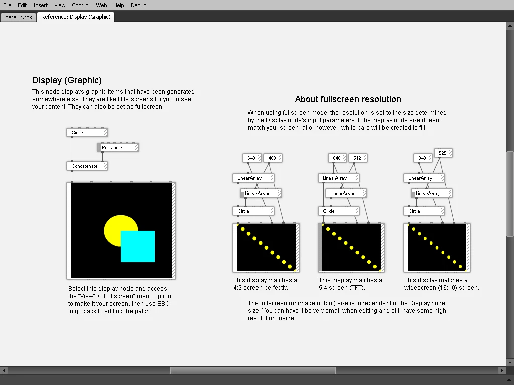 One cool aspect of Fnk is that all nodes had help patches created in Fnk itself. Those included examples and were fully editable, and could be navigated to by pressing F1 when a node was selected.