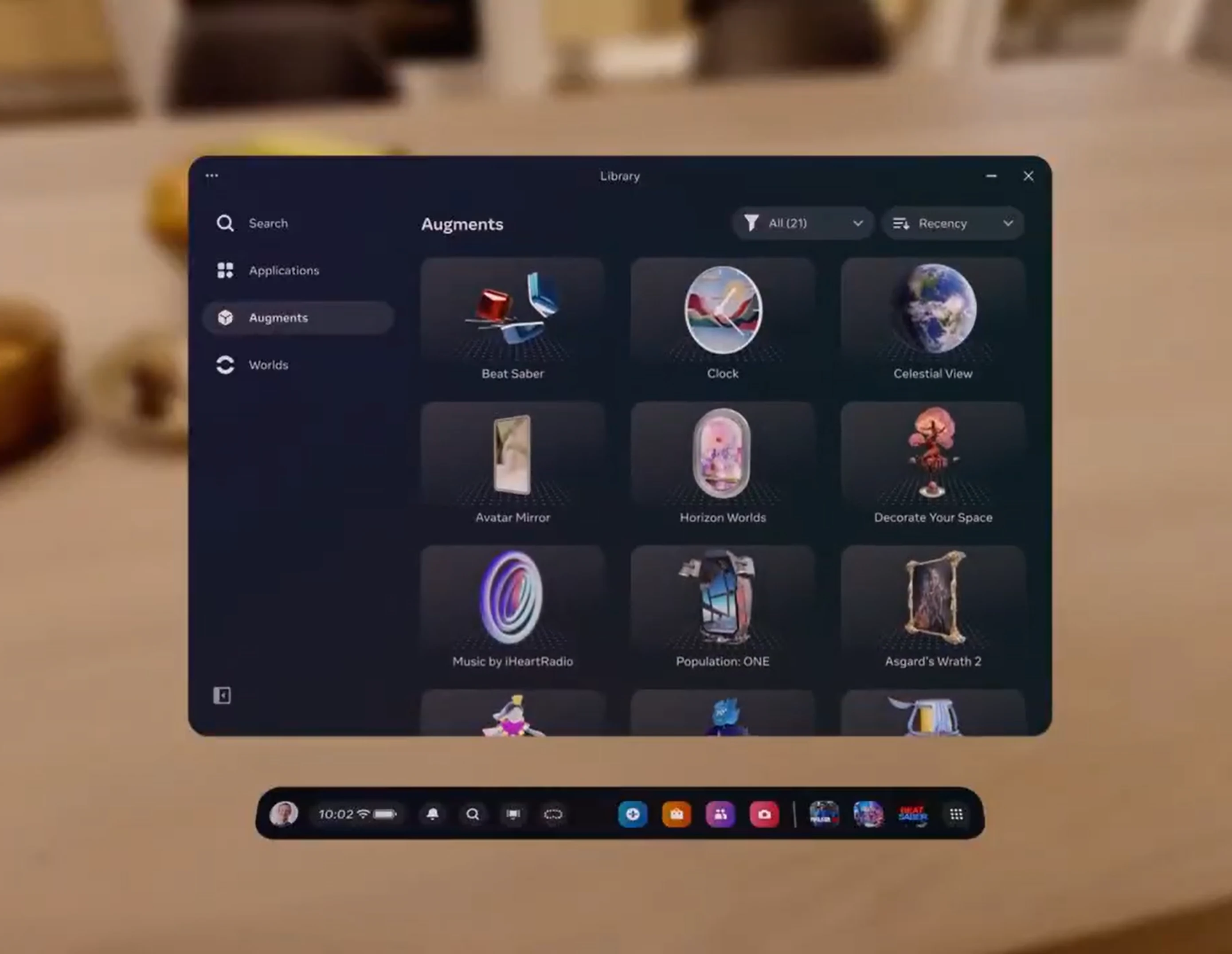 The launcher, showing all augments available. Each could be individually placed anywhere in the user's environment, and coexist with other augments.