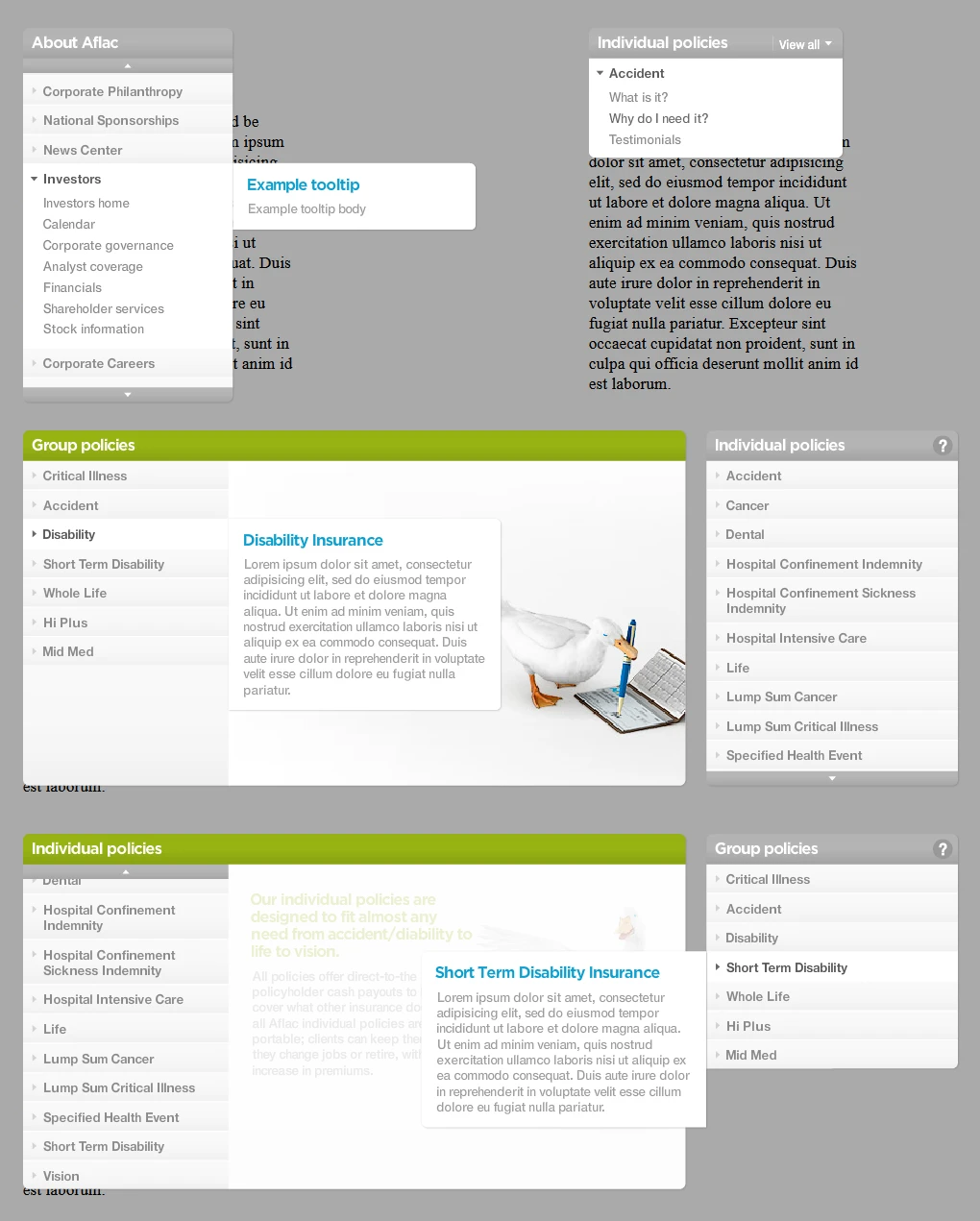 One of the key pieces of the redesign was the dynamic, animated menu that was featured in all pages. This demo page shows a few of its supported features.