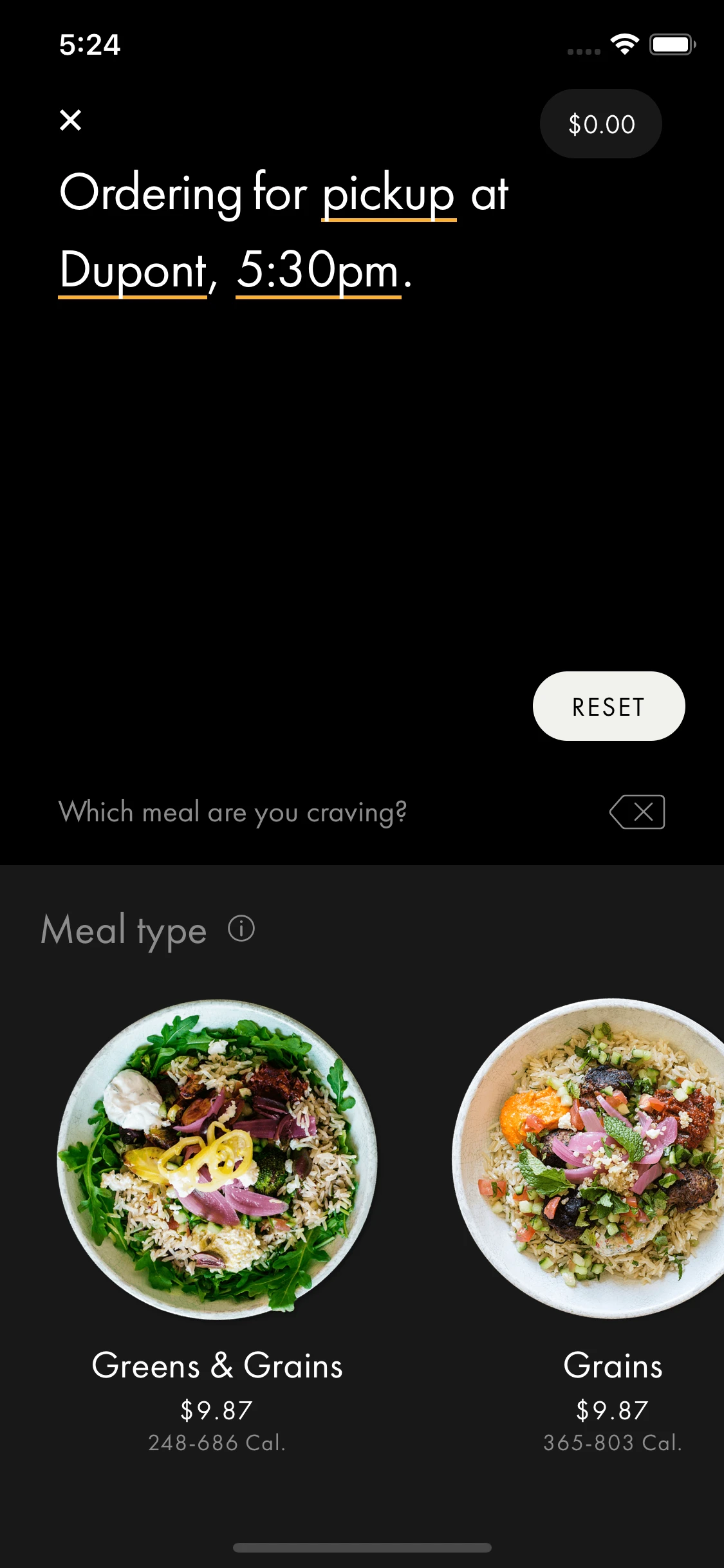 Steps of the order flow: selecting your main meal