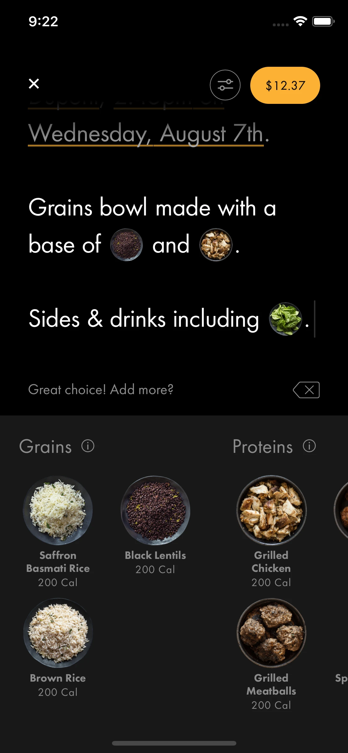 Steps of the order flow: selecting ingredients for your meal