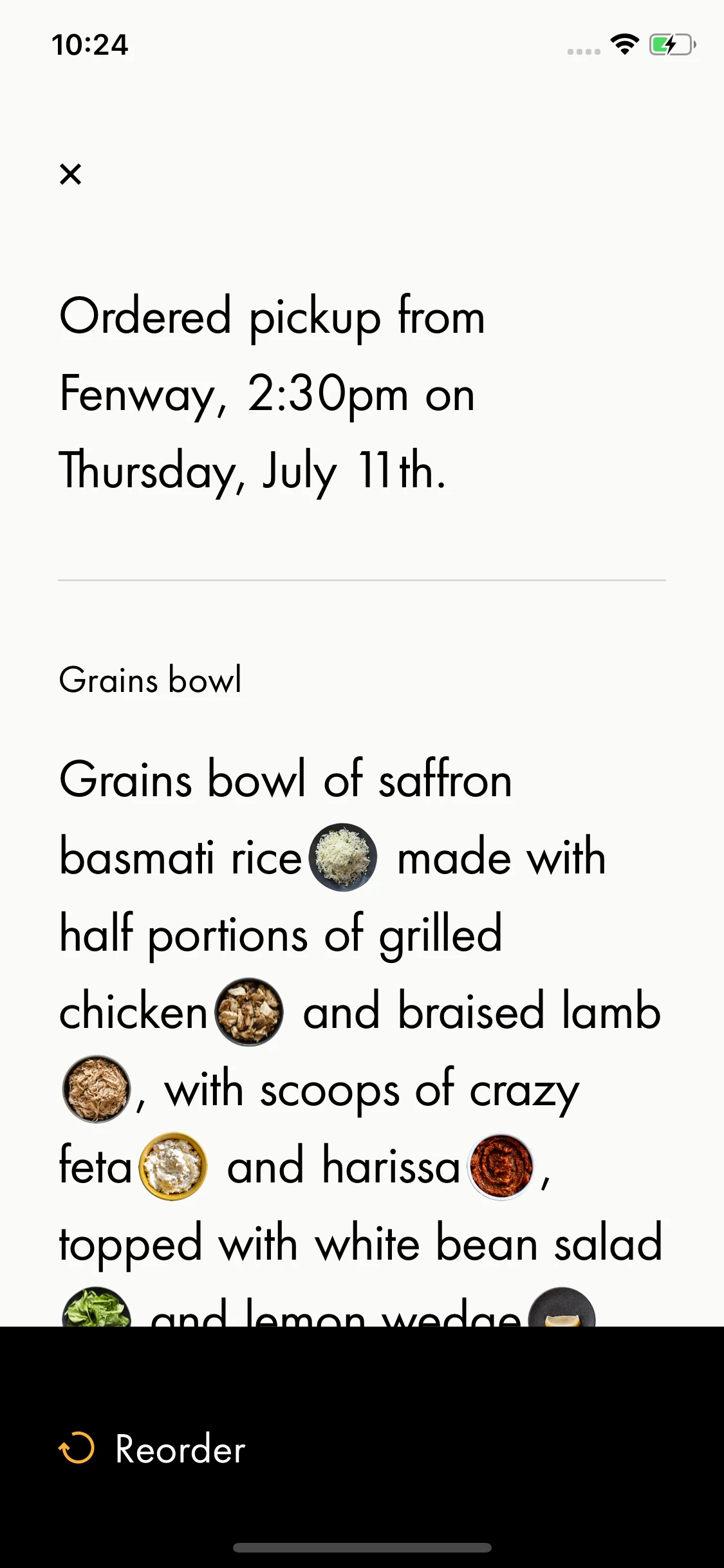 Details of a previous order, as a non-editable sentence