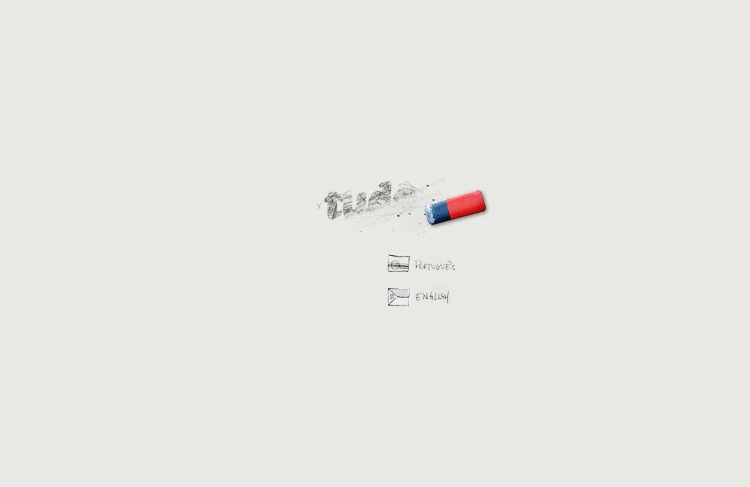 Loading screen and language selection; the eraser was interactive, and you could erase the whole interface while the site loaded