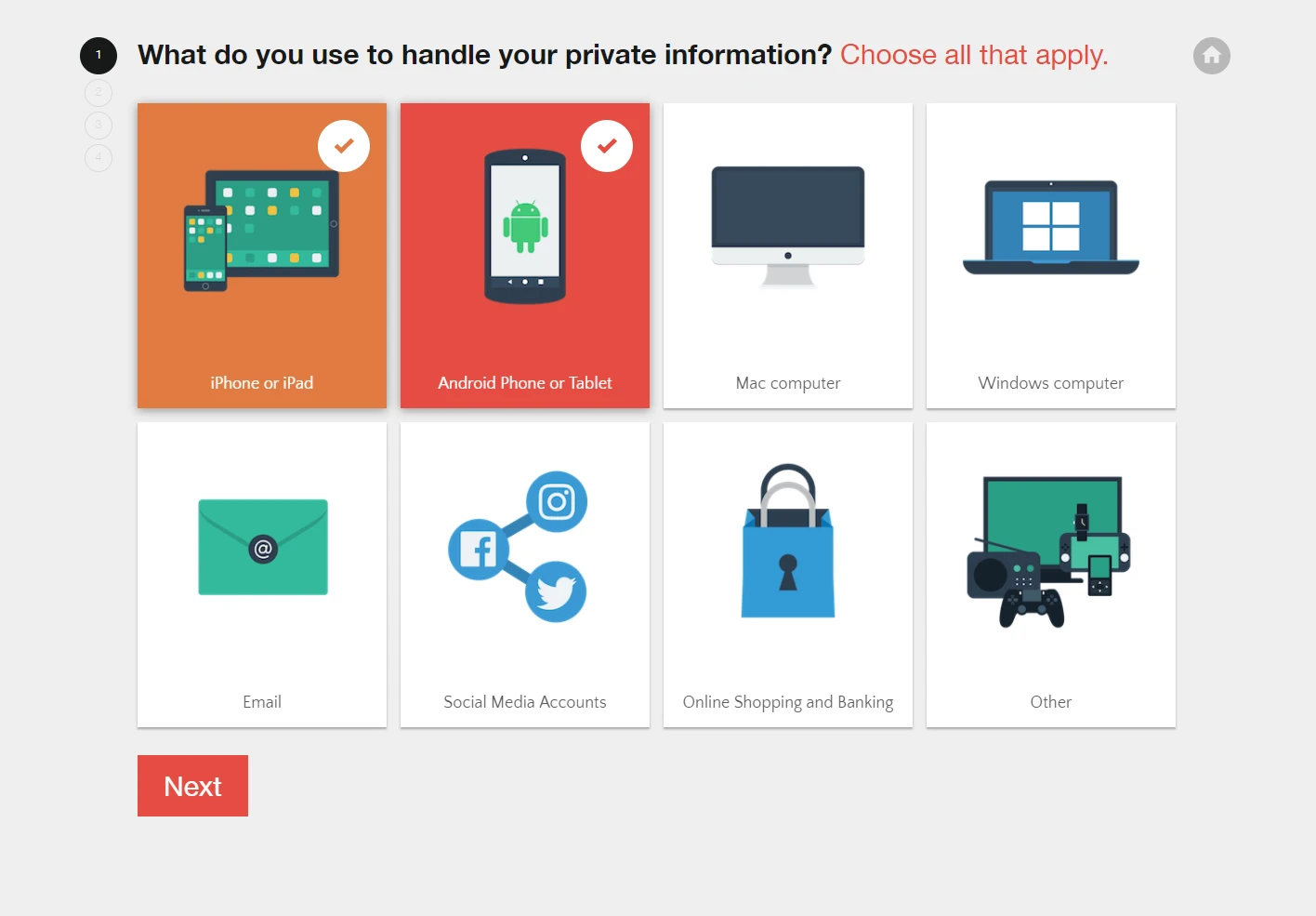 First of the statements screen, where visitors can chose what best fits their profile.
