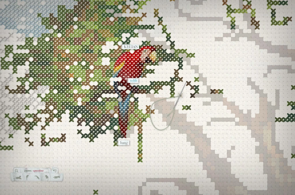 Once a visitor started stitching, the screen would zoom into the mesh. Here one can see an animal being revealed, and the stitching needle animation playing.