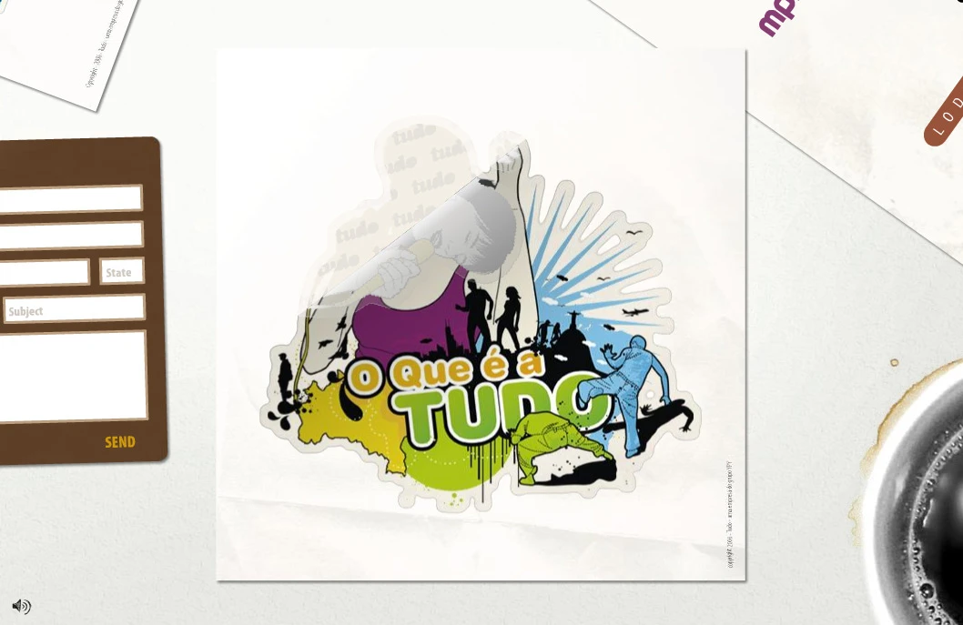 “About Tudo” section, sticker being pulled