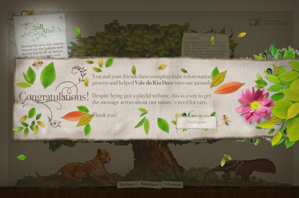 Once all animals are revealed, a thank you dialog appears, giving visitors a chance to start the process anew.