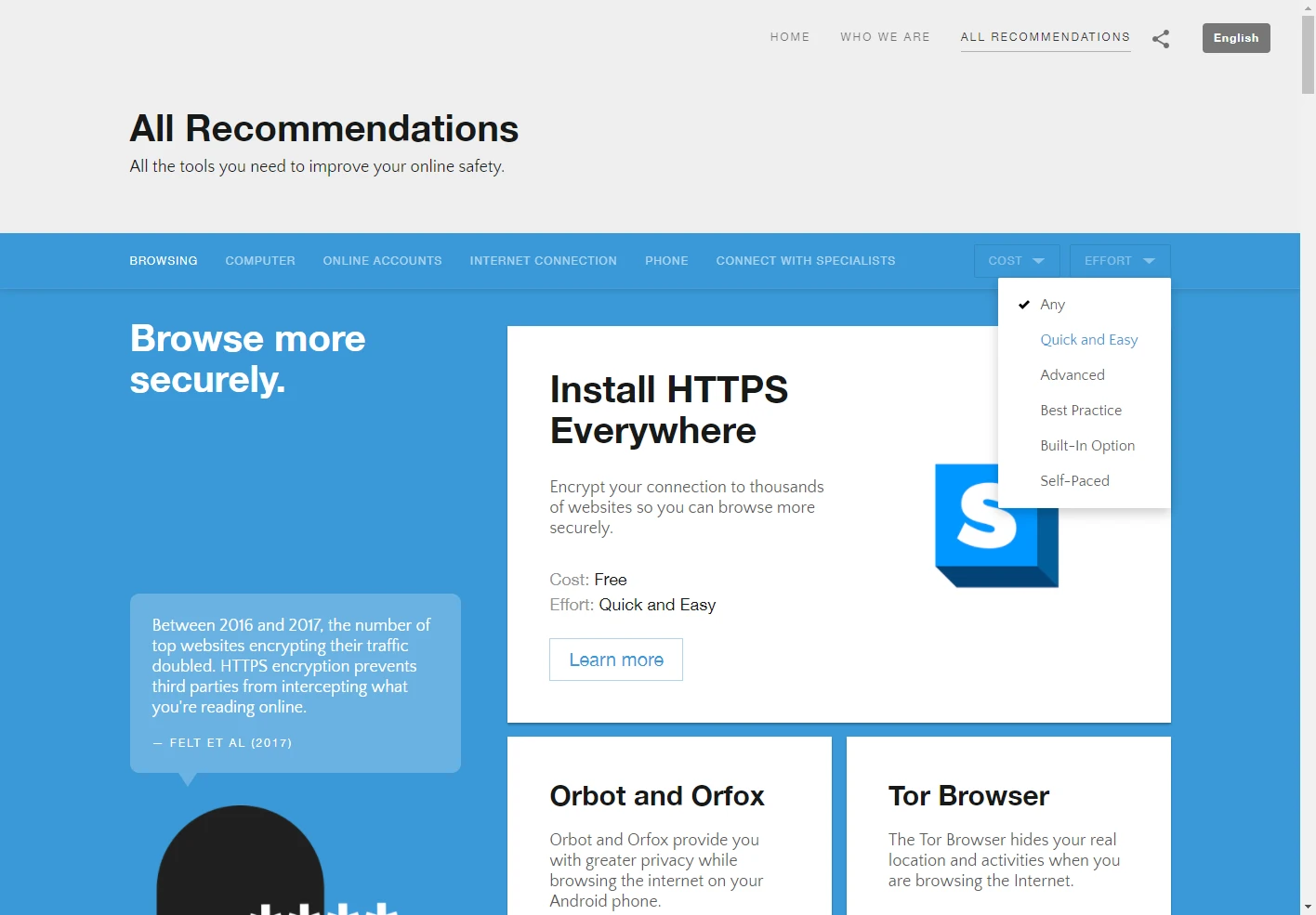 The site also featured a list of all available tools, browsable by categories and filterable by "cost" and "effort".