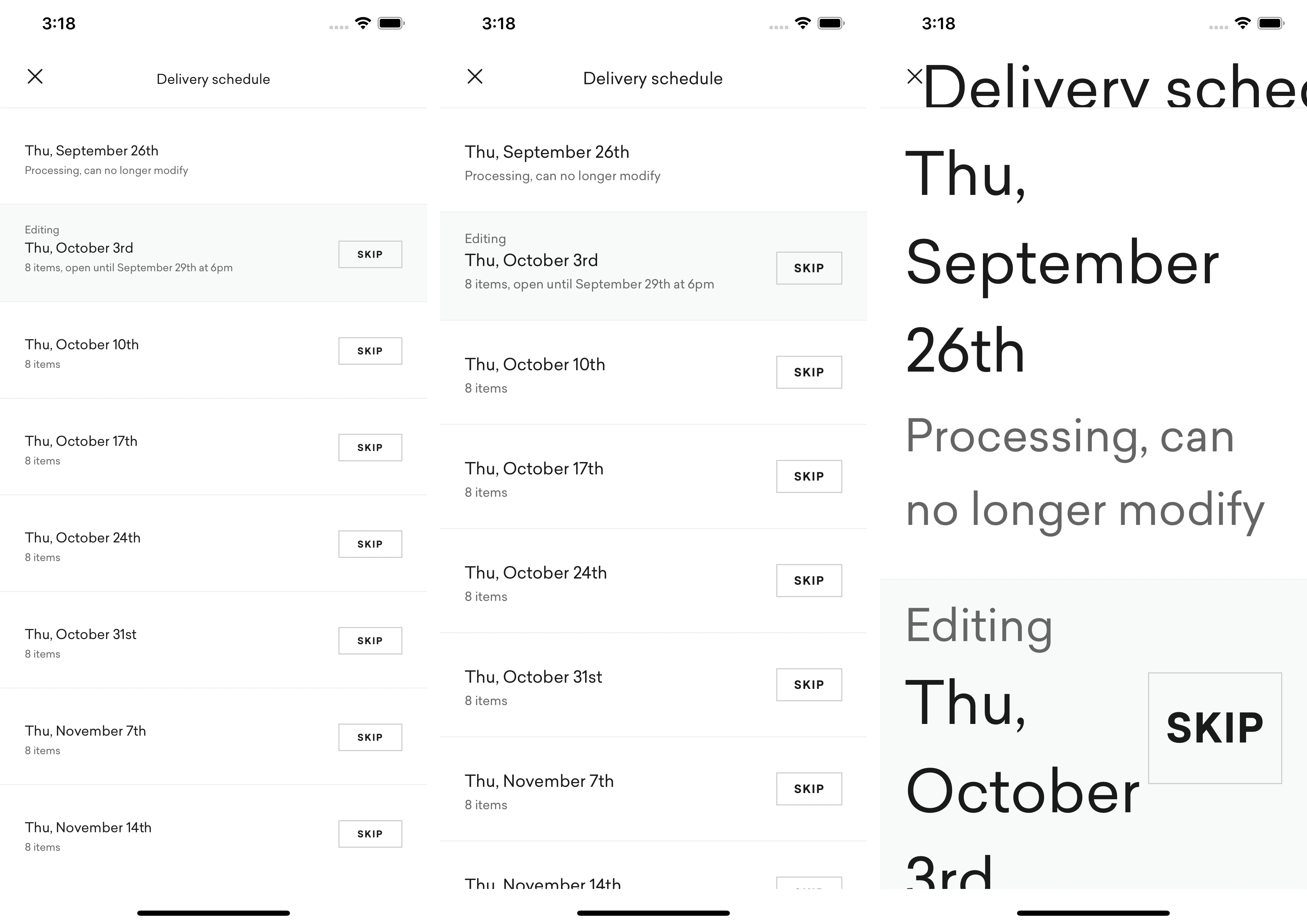 Schedule screen, tested at different font accessibility sizes. Some worked better than others
