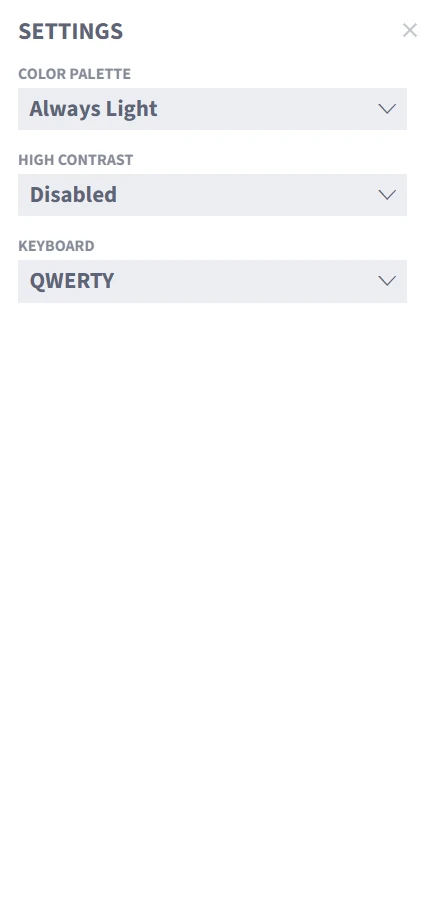 Settings for the color palette, a high-contrast mode, and the keyboard layout.