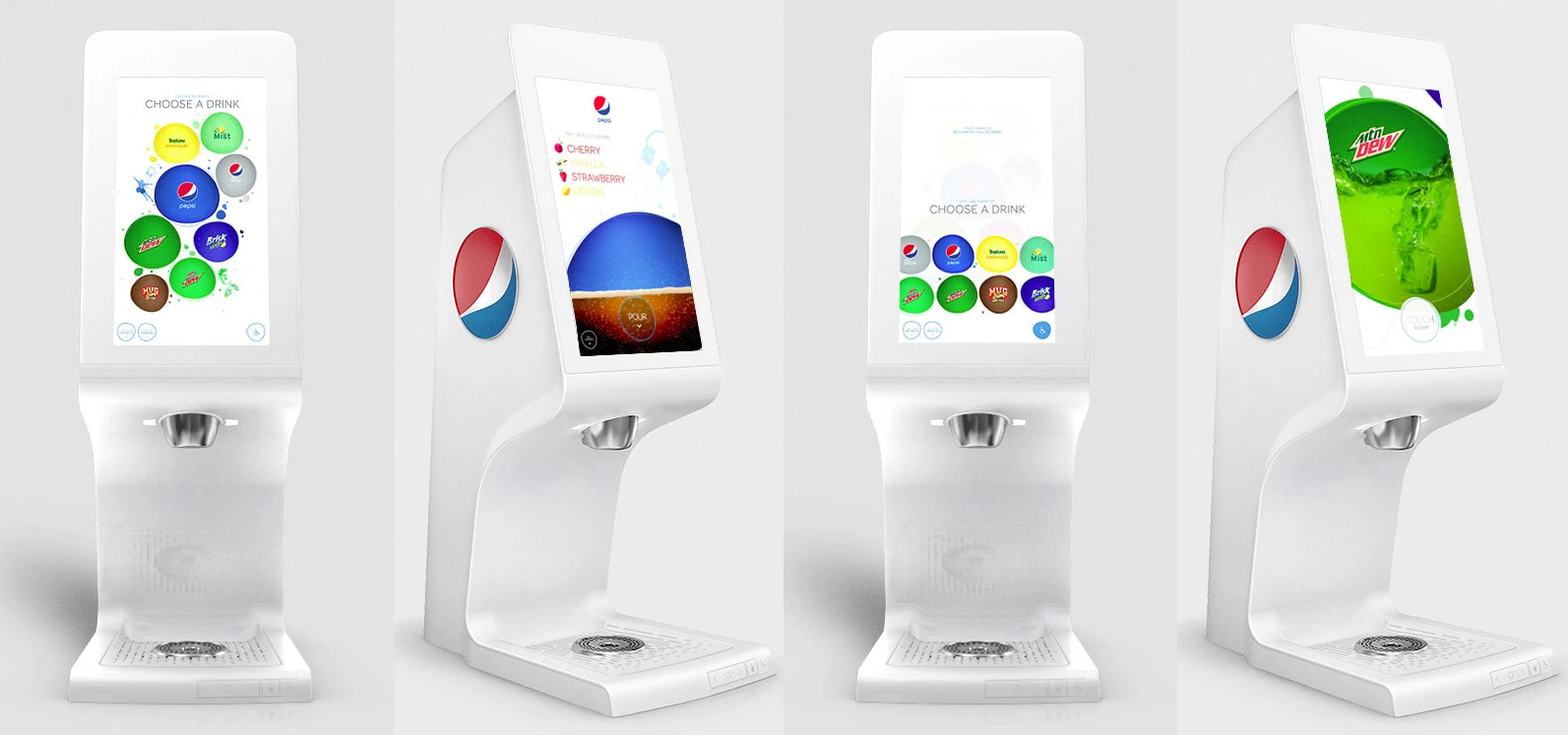Pepsi Spire 2.0 showing the main menu, beverage screen, ADA menu, and attractor loop