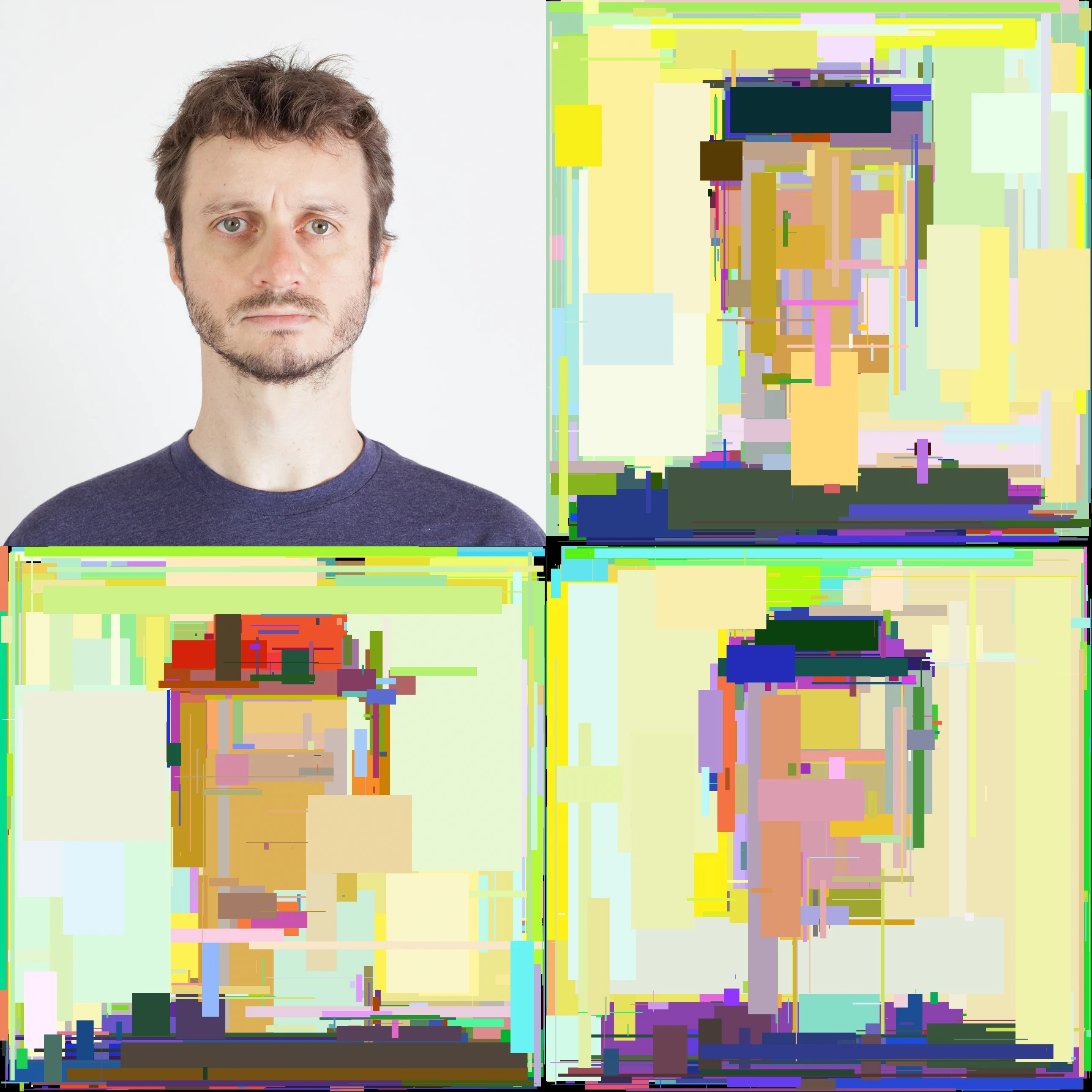 Initial tests; the target image is on the top left, and the rest are images randomly generated with squares.